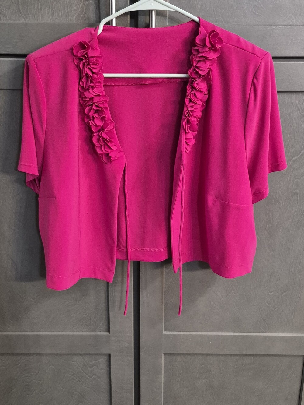 Pink Floral Trim Open Front Cardigan